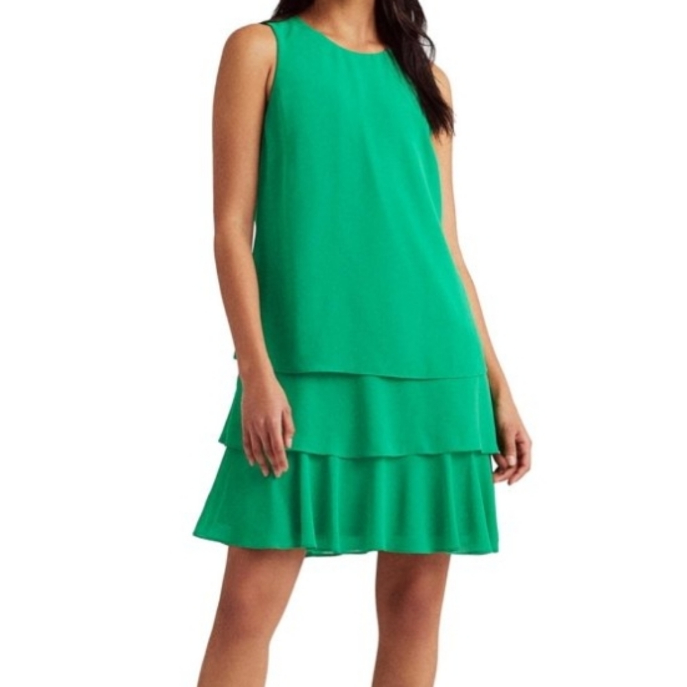 Women’s Ralph Lauren Green layered tiered Dress Sz 8 Sleeveless Flowy Malachite